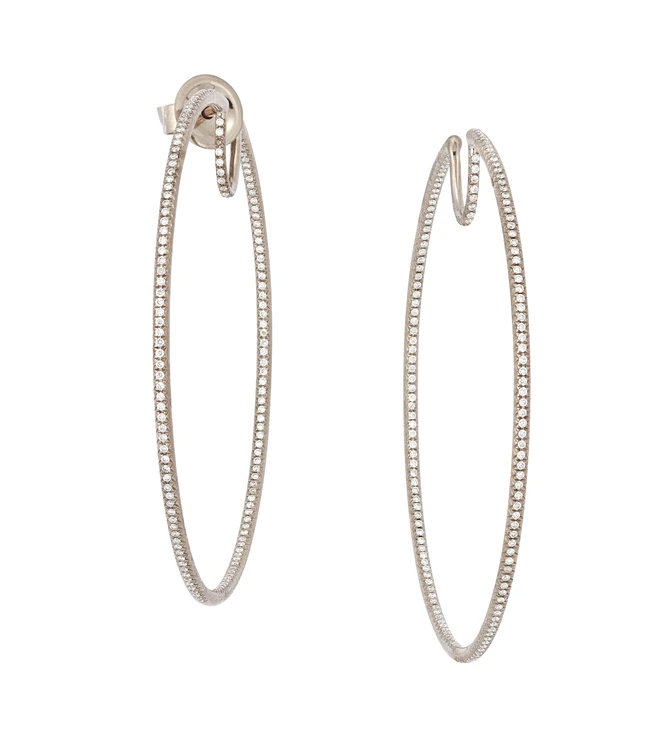 A pair of titanium diamond hoop earrings, of round form, grain set with brilliant-cut diamonds,...