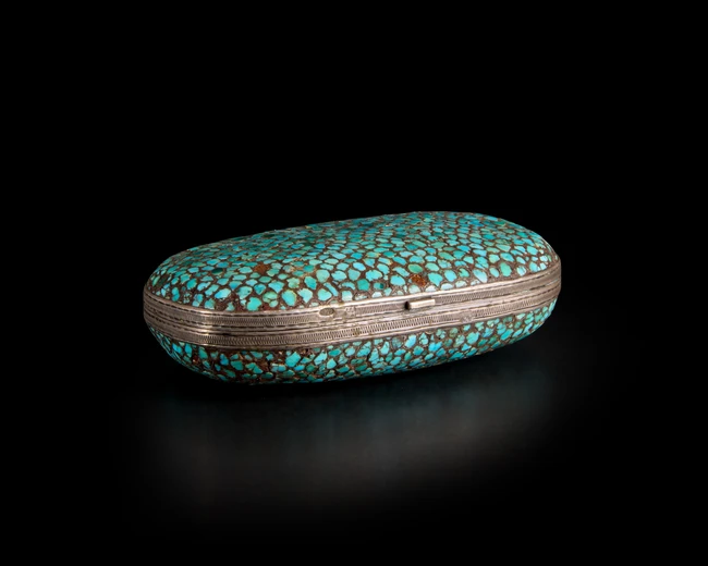A turquoise inlaid cigarette case, Bukhara, Uzbekistan and St Petersburg, 1899-1908, Assay...