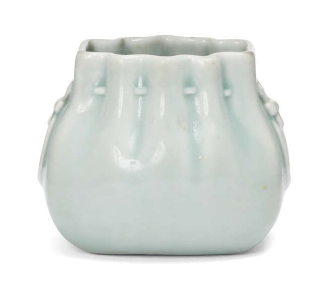 
	
		A Chinese porcelain monochrome trompe l&#39;oeil vase, 20th century, modelled as a bag with...