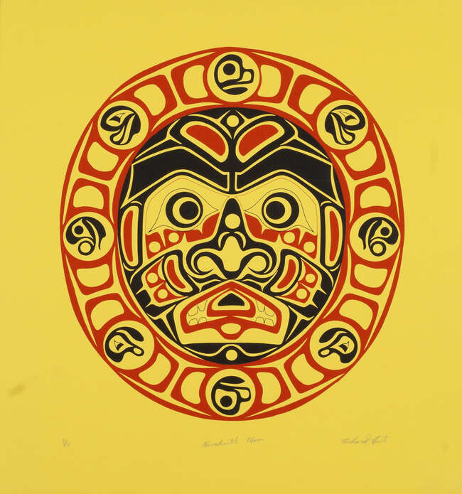 
	
		Richard Hunt, Canadian b.1951- Kwakiutl Moon, 1980; screenprint in black and red on yellow...