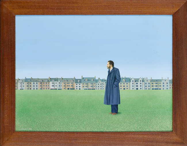 
	
		David Cheepen, 
		British 1946-2016 - 
		 
		Man on a green with buildings behind, 1983;...