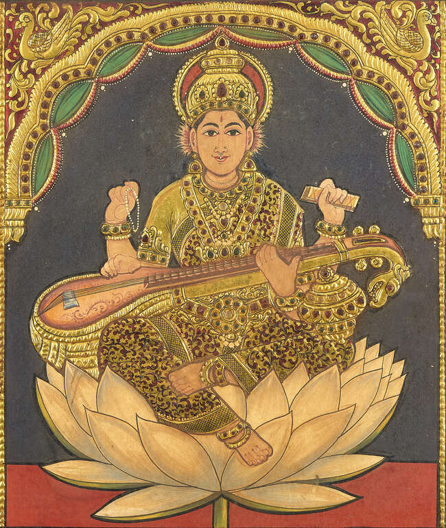 
	
		A Tanjore painting, South India, 20th century, of a seated deity with sitar, 38 x 29cm....