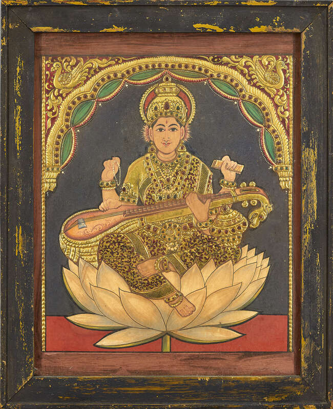 
	
		A Tanjore painting, South India, 20th century, of a seated deity with sitar, 38 x 29cm....