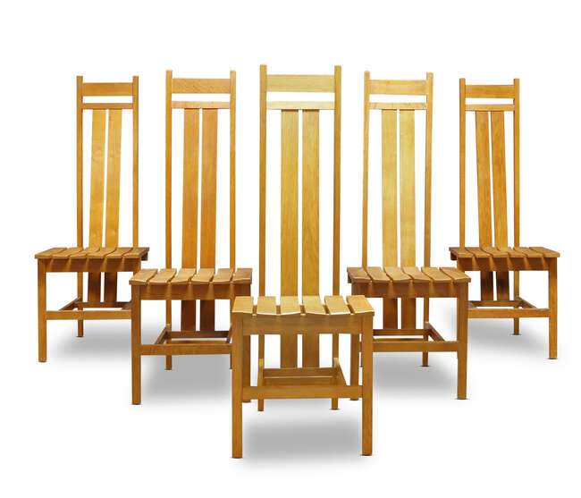
	
		Richard La Trobe Bateman (b.1938), an oak dining table and twelve dining chairs, 
		