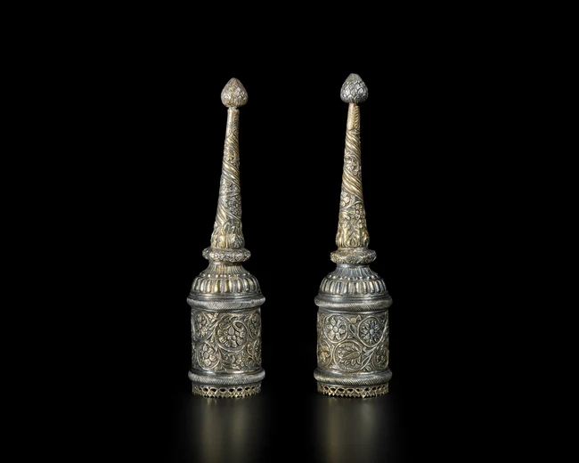 A pair of repousse silver gilt fly-whisks (chauri) handles, Rajasthan, North India, 19th...