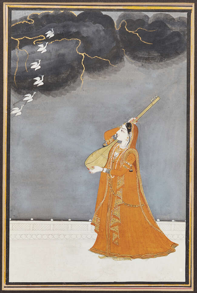
	
		A lady with a musical instrument under a stormy sky,  Kangra, Punjab Hills, India, circa...