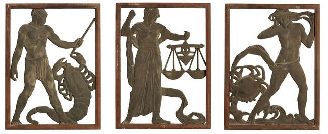 
	
		C.A Llewellyn Roberts, three brass Zodiac panels used for Selfridges lifts
		c.1928 
		