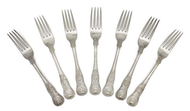 
	
		A set of twenty two Irish silver table forks, Dublin, c.1827, Thomas Farnett, of King&#39;s...