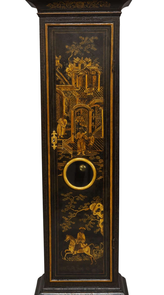 
	
		A chinoiserie eight day longcase clock, by George Tyler, Pope&#39;s Head Alley, London, first...