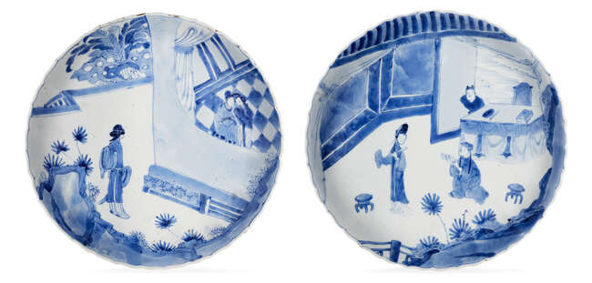
	
		A pair of Chinese porcelain &#39;Romance of the Western Chamber&#39; dishes, Kangxi period, each...