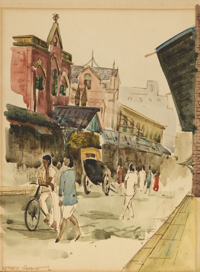 Calcutta school, 20th centuryTwo Calcutta scenes,
watercolour on paper, signed in Bengali...