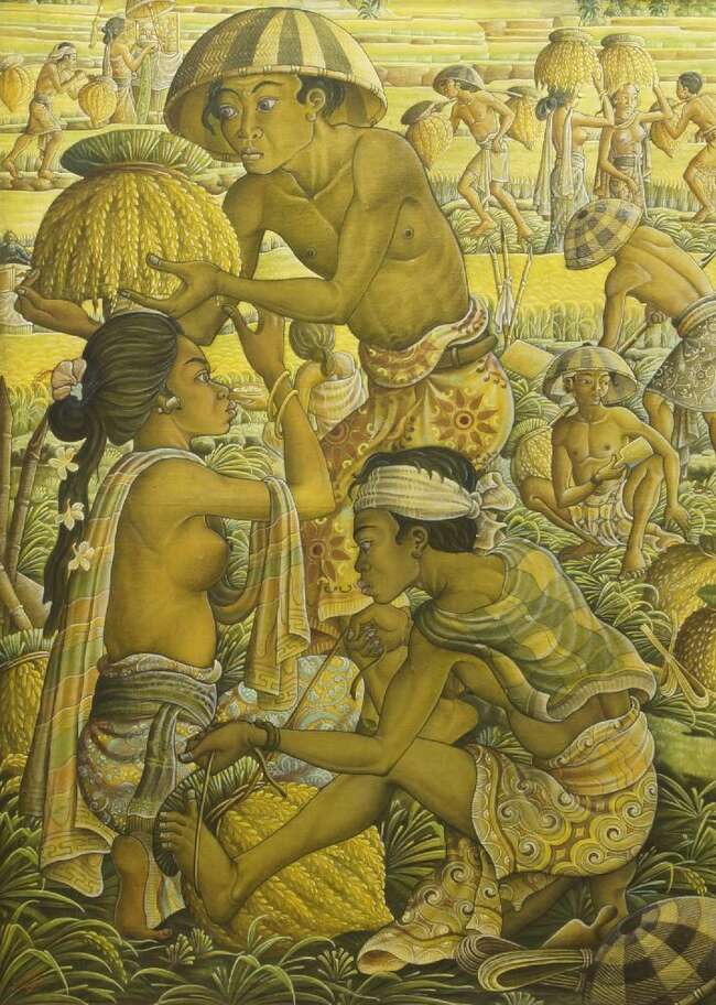 Nyoman Lanusa, Balanese, 20th century, The Rice Harvest, signed to bottom left N. Lanusa Bali,...