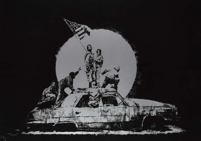 
	
		Banksy,
		British b.1974-
		 
		Flag (Silver), 2006;
		 
		screenprint on silver...