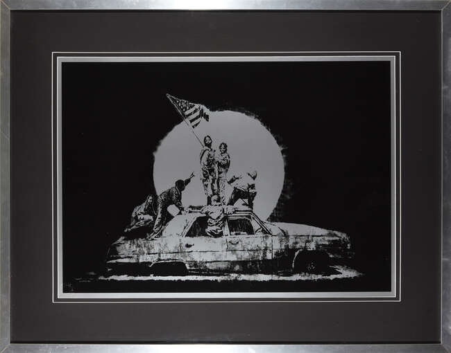 
	
		Banksy,
		British b.1974-
		 
		Flag (Silver), 2006;
		 
		screenprint on silver...