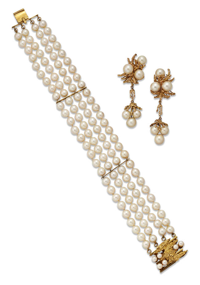 
	
		A pair of cultured pearl earrings and bracelet, the bracelet composed of four rows of...