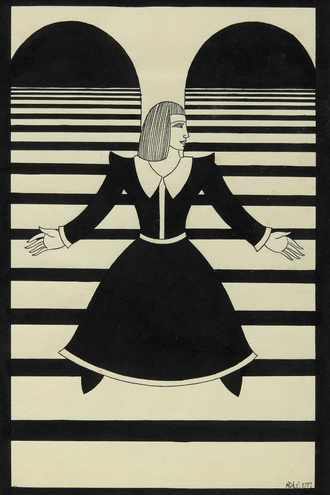 European School, 20th Century - Woman with outstretched arms, 1937; ink on paper, signed...