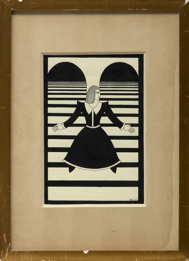 European School, 20th Century - Woman with outstretched arms, 1937; ink on paper, signed...