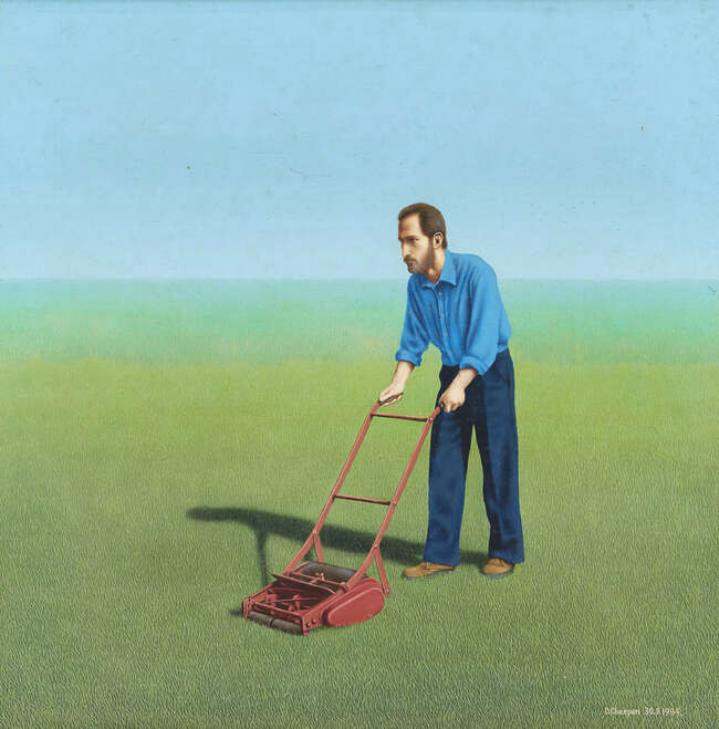 
	
		David Cheepen, 
		British 1946-2016 - 
		 
		Man with lawn mower, 1994; 
		 
		acrylic...