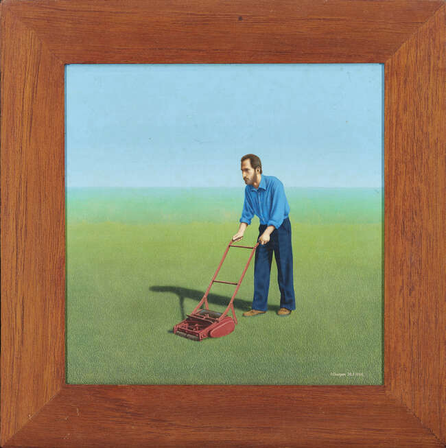 
	
		David Cheepen, 
		British 1946-2016 - 
		 
		Man with lawn mower, 1994; 
		 
		acrylic...