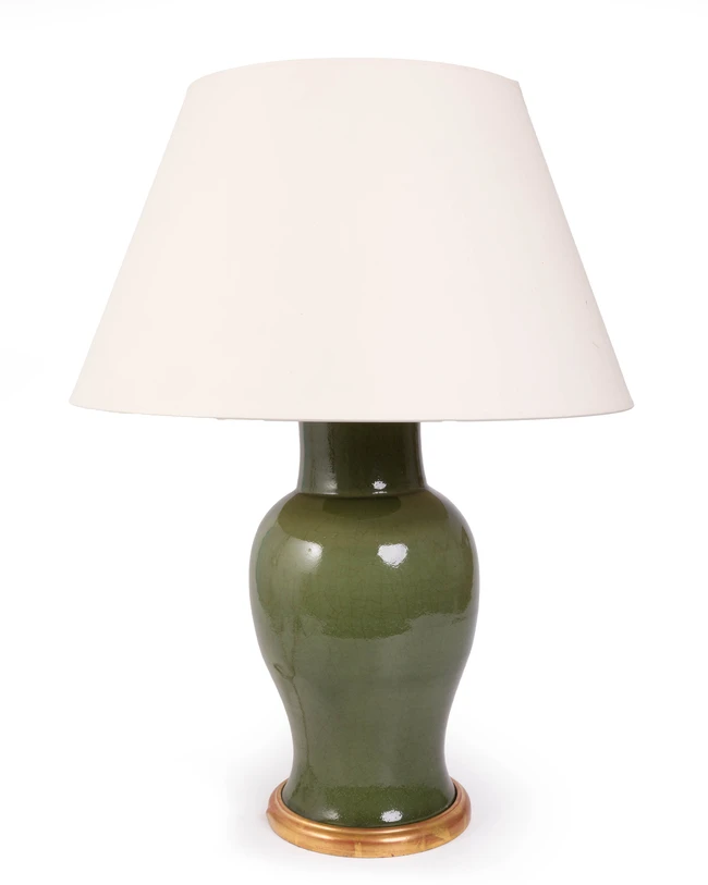 A modern Chinese celadon glazed porcelain vase table lamp, of baluster form, with dark olive...