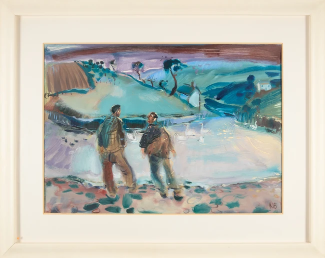 Nicola Bealing, British b.1963 - Swans at Loe Pool, 1999; oil on paper, signed with initials...