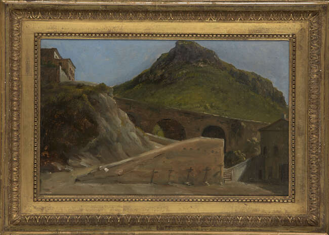 
	
		Auguste Jean-Baptiste Vinchon, 
		French 1789-1855- 
		 
		A Bridge leading to a...