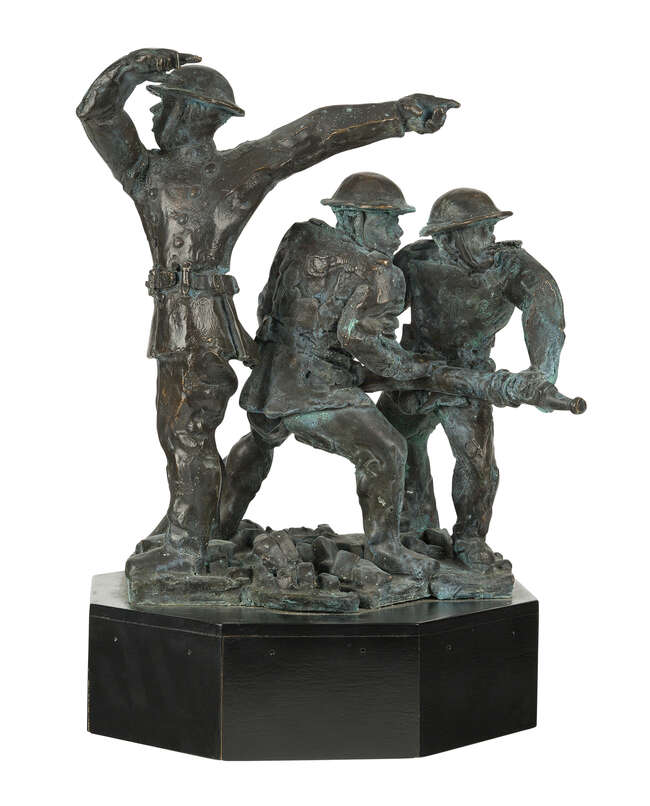 
	
		John W Mills, PPRBS ARCA FRSA, British, b.1933, &#39;Blitz&#39;, a patinated bronze maquette for...