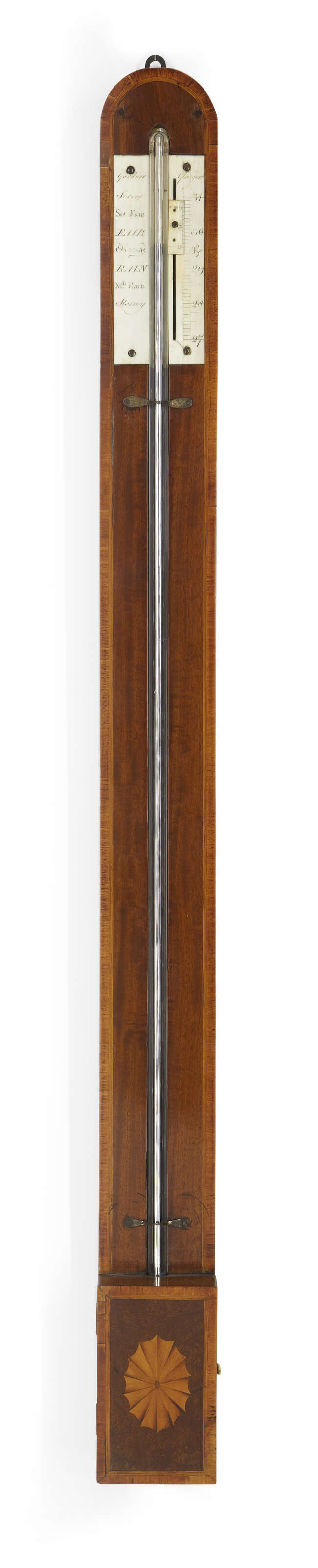
	
		A Scottish mahogany and satinwood crossbanded stick barometer, by Gardner, Edinburgh,...