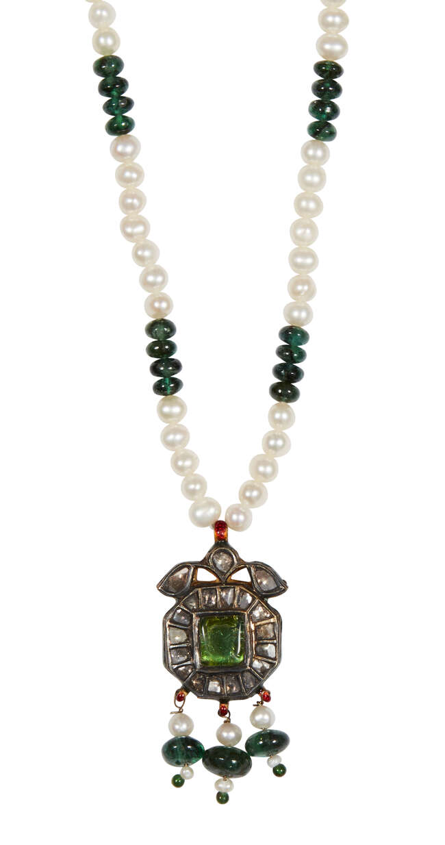 
	
		A diamond and carved emerald pendant necklace, India, 20th century, the octagonal pendant...