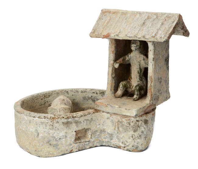 
	
		A Chinese pottery model of a pig sty latrine, Han dynasty, the raised latrine with...