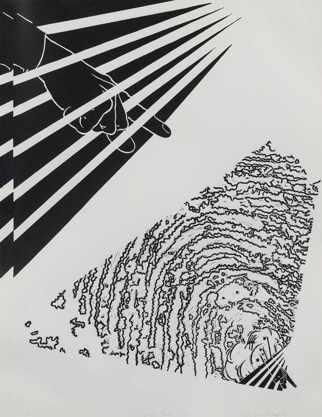 
	
		Rose Finn-Kelcey,
		British 1945-2014-
		 
		Finger Print, 1982;
		 
		linocut on...