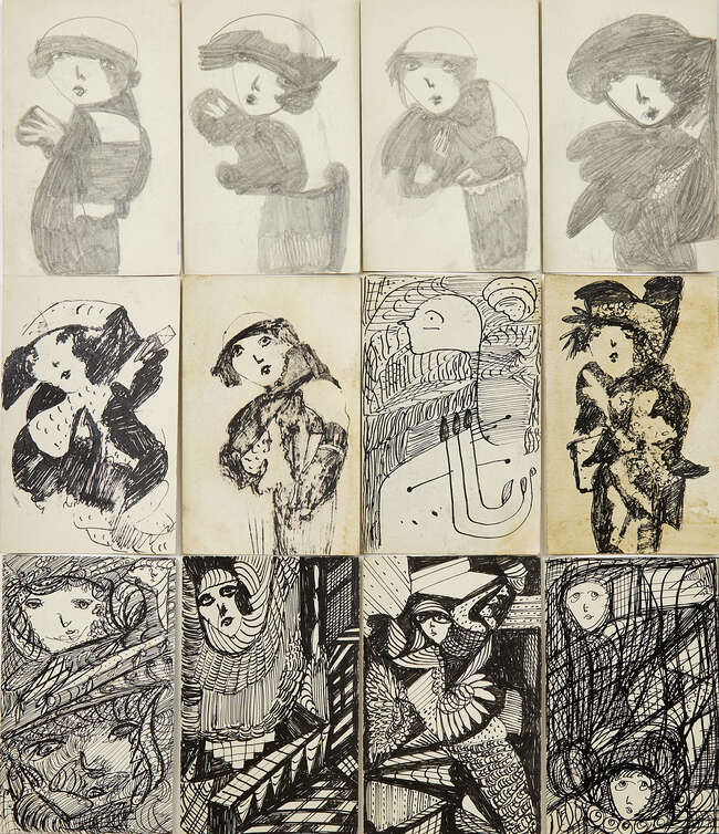 
	
		Madge Gill, 
		British 1882-1961- 
		 
		Untitled figure; 
		 
		pen and black ink...