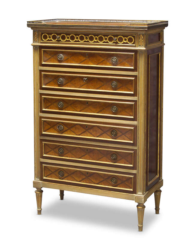 
	
		A Louis XVI style kingwood, walnut and parquetry semainier, early 20th century, the...