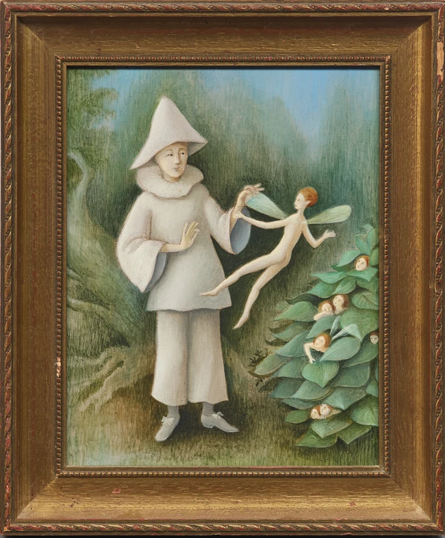 Ronald Ferns, British 1925–1997 - Pierrot and fairies; oil on board, 24.5 x 19.5 cm (ARR) 