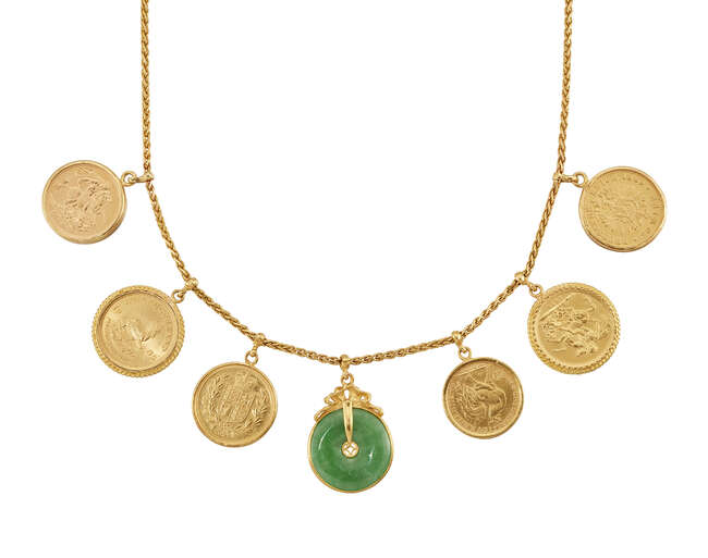
	
		 A gold coin necklace, the 22ct. gold neckchain suspending six pendant mounted coins and...