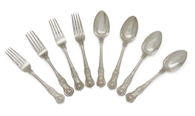 
	
		A set of twelve silver Queen&#39;s pattern dessert spoons, London, c.1855, John James Whiting