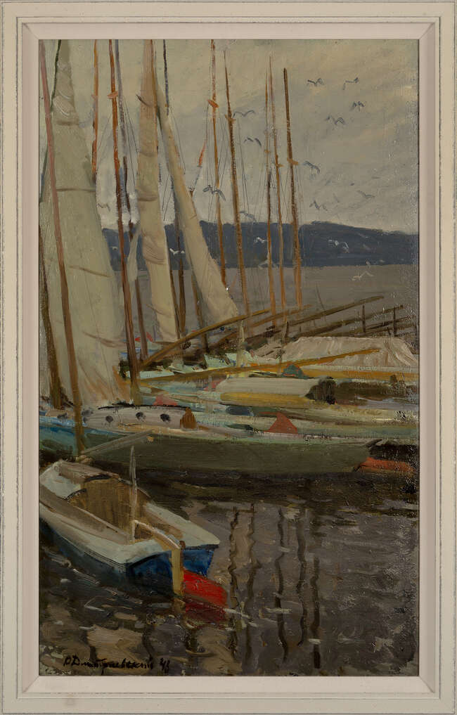 Victor Dmitryevsky, 
Russian 1923-2006- 
Moored boats, 1948; 
oil on canvas, signed and dated lower...