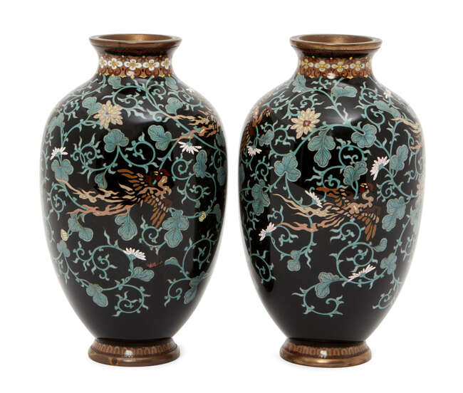 
	
		A pair of Japanese cloisonné enamel vases, Meiji period, decorated with ho-o birds...