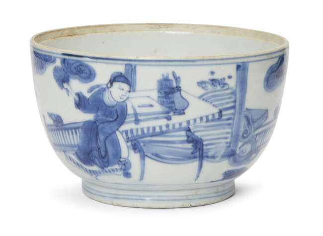 
	
		A Chinese porcelain bowl, Wanli period, painted in underglaze blue with a scholar seated...