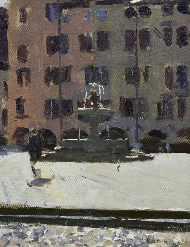 
	
		Ken Howard CBE RA, 
		British b.1932- 
		 
		Fountain in an Italian town square;...