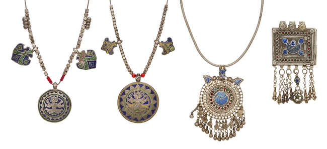 
	
		Three enamelled silver necklaces, and a pendant, Kangra, early 20th century, the first...