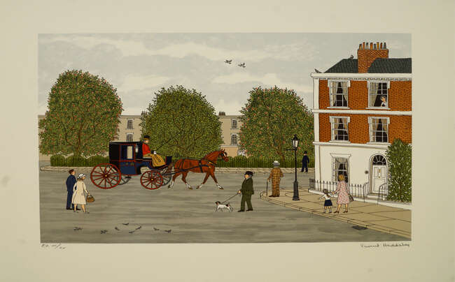 
	
		Vincent Haddelsey, 
		British 1934-2010- 
		Town square with a horse and carriage;
		