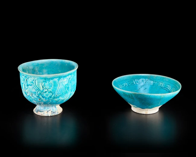 A conical turquoise blue glazed pottery bowl, Ilkhanid central Iran, 12th/13th century, 
On...