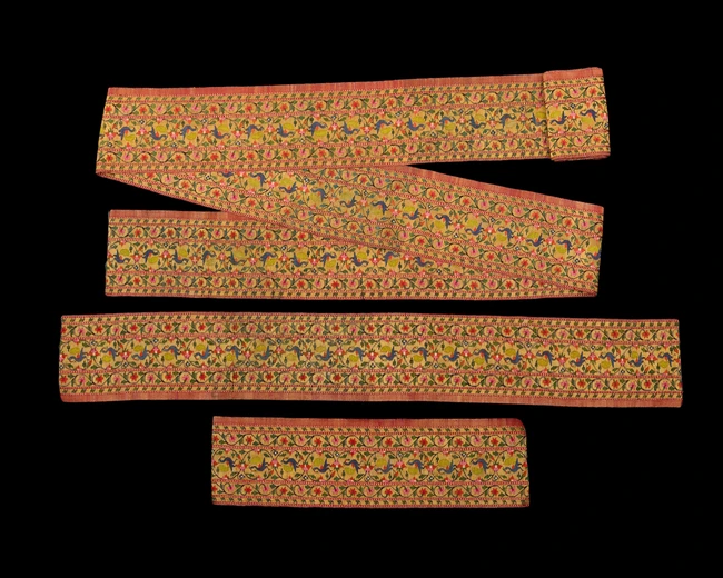 Three sari borders with peacocks, Possibly Chanderi, India, circa 1850, 
Each fragmentary, a...
