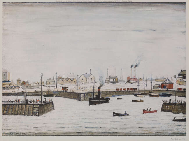 
	
		Laurence Stephen Lowry RBA RA,
		British 1887-1976-
		 
		The Harbour, 1972;
		 
		