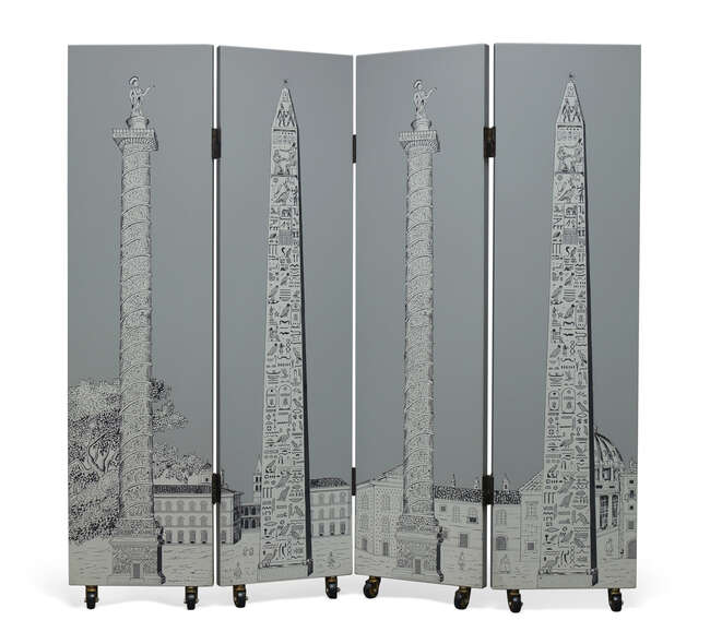
	
		Piero Fornasetti (Italian 1913-1988), anObelischi four fold screen      
		c.1990, with...