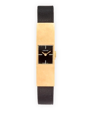 Longines. An 18ct gold manual wind bangle watch London import mark for 1974, Inside case number 9250Jewelled manual wind calibre 510 movement, black dial with