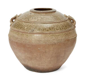 
	
		A Chinese 'proto-porcelain' ash-glazed jar, hu, Han dynasty, moulded to the shoulder with...