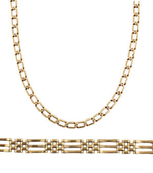 A necklace and bracelet, the necklace of curb-link design, length 40.0cm; the bracelet of gate-link design, later gilt metal bolt ring clasp, length approximat