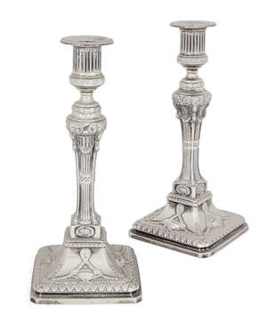 
	
		A pair of Adam-style silver plated metal candlesticks, Richard Hodd & Son, London,...